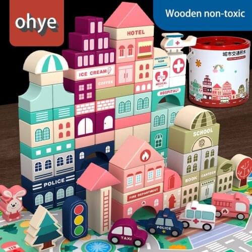 Urban traffic building blocks assembling boys and girls early education children building wooden building blocks children toys