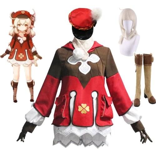 Game Genshin Impact Klee Cosplay Costume Wigs Shoes Bag Loli Party Outfit Uniform Women girl Halloween Carnival Costumes