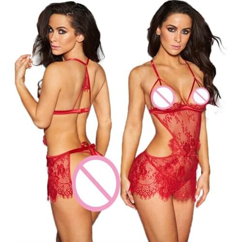 Red Black Hollow Out Lace Sleepwear Negligee Babydoll Nightwear See Through Sexy Backless Lingerie Female Nightdress with Bow