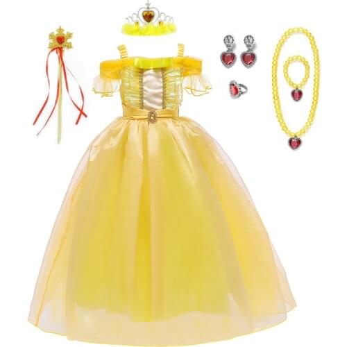 Girls Princess Fancy Dressing Up Belle Costumes Flowers Off Shoulder Dress up Deluxe Ball Gown Dresses Kids Party Dress 2-10T