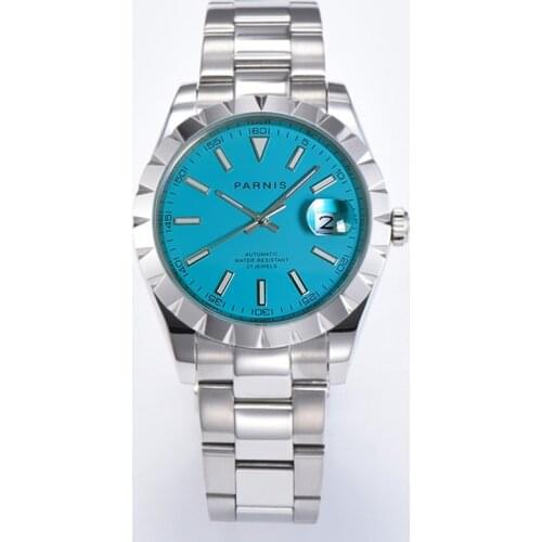 PARNIS New 39.5mm Mechancial Men Watch Sapphire Gass 21 Jewels MIYOTA 8215 Movement Metal Strap Blue Dial Date Magnifier