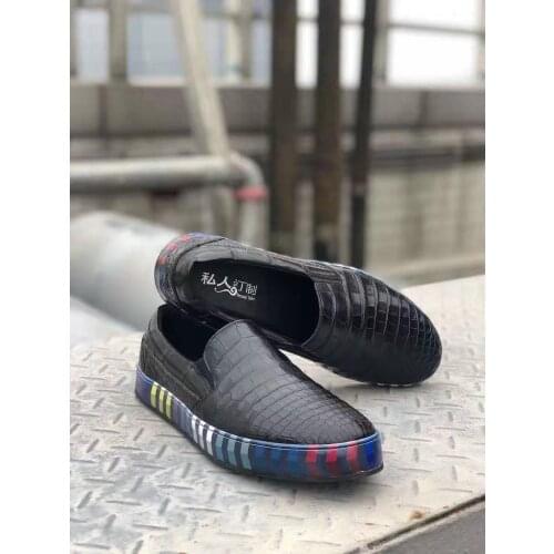 2019 new design 100% Genuine real crocodile skin black color men shoe sneaker with colorful shoe base side lines, inside cow