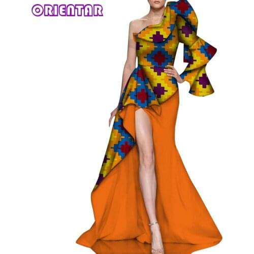 New One-shoulder African Dress Women Bazin Riche African Clothes Long Dresses Private Custom African Party Split Dress WY6061