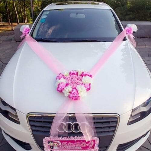 NEW Tulle Heart Wreaths Rose Pull flowers Wedding Car Decoration Sets Artificial Flowers Pearl Garland Wedding Supplies