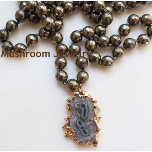 Boho Glam Neutral Pyrite Hand Knot Necklace Geode Stalactite Druzy Bohemia Urban Hippies Jewelry