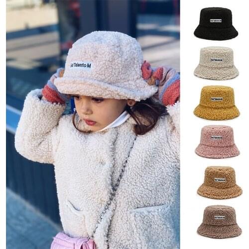Winter Baby Girl Boy Bucket Hat Cute Lamb Wool Letter Kids Fisherman Hat Solid Flat Top Hats Children Outdoor Thick Warm Sun Cap