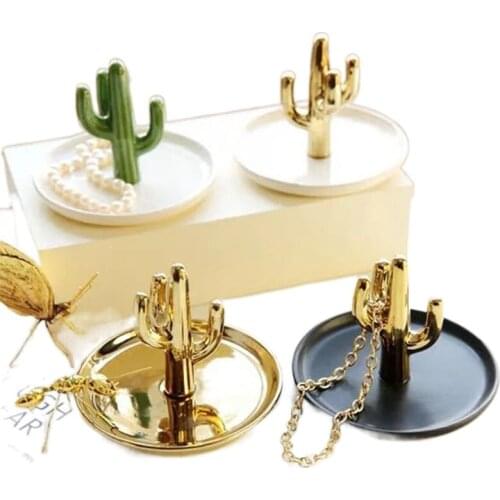 Cactus Storage Tray Cute Birthday Gift Ring Holder Gold Theme for Makeup Countertop Decoration Girl Friend Anniversary Gift