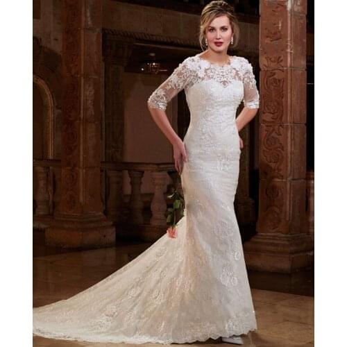 Stunning Lace Mermaid Style Half Sleeve Brides With Long Tail Illusion Neck 2018 bridal gown mother of the bride dresses