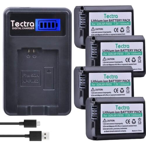 Tectra 4Pcs NP-FW50 NPFW50 NP FW50 Replacement Bateria + LCD USB Charger For Sony NEX-7 NEX-5N NEX-F3 NEX-3D NEX-3DW NEX-3K
