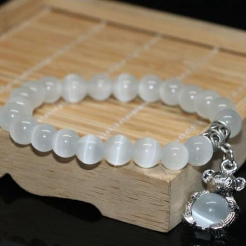 High grade elegant 8mm white opal cat eyes round beads strand bracelets cute mouse pendant free shipping jewelry 7.5inch B2188