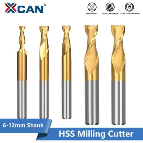 XCAN HSS Milling Cutter 6-12mm Shank 2 Flute End Mill for Wood Metal Milling Tool TiN Coated Spiral End Mill CNC Router Bit