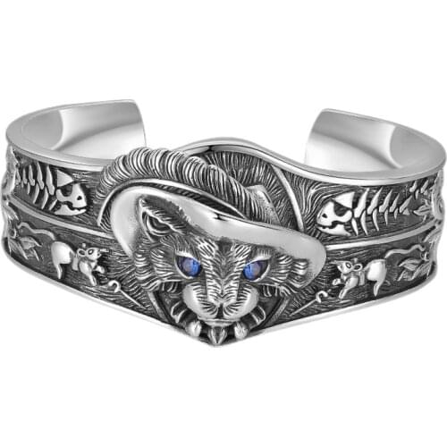 Real S925 Silver Jewelry 2021 Trendy Retro Personality Cat Head Fashion Inlaid with Zircon Opening for Man and Woman Bracelet