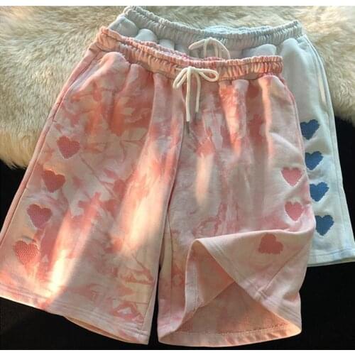 2021 Summer Shorts Women Casual Tie Dye Heart Embroidery High Waist Harajuku Short Loose Bottoms Plus Size Streetwear Ropa Mujer