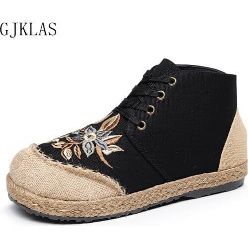 Embroider Linen Soles High Tops Shoes for Women 2021 Platform Sneakers Flats Fashion Light-weight Casuales Autumn Boots Women