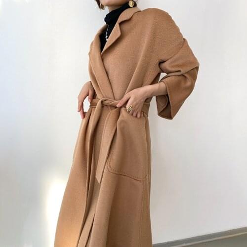 Womens Long Wool Trench Coat Winter Oversize Handmade Lapel Cardigan Overcoat with Belt