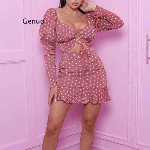 Women Two Piece Set 2021 Sexy Hollow Out Tops and Mini Skirt Suit Polka Dot Pleated Skirt Two Piece Set Women Outfits