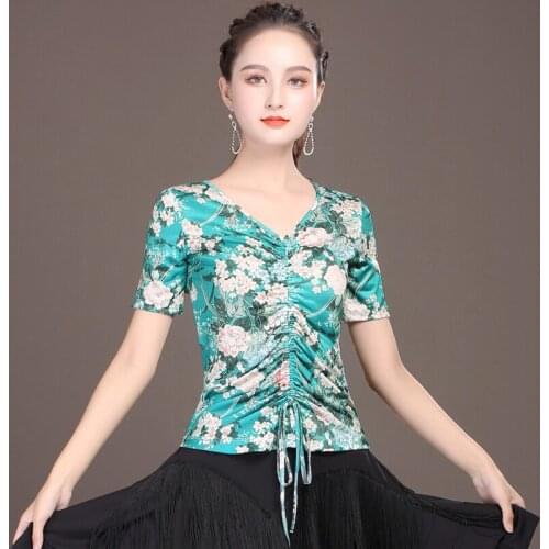 V-neck Floral Print Top Square Dance Costume Latin Dance Dress Summer Dance Practice Clothes Female Dance Short Sleeve T-shirt