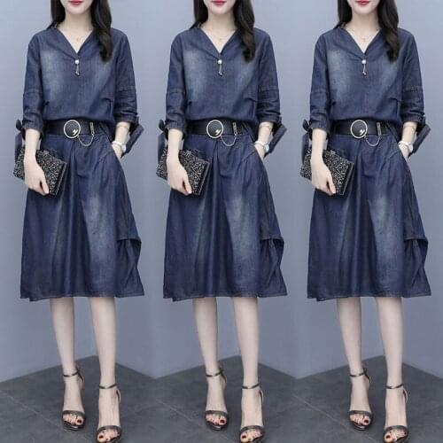 Womens Fashion Suit Spring 2021 New Temperament V-Neck Short Sleeve Denim Top Skirt Two Piece Set Blouses Vacation Outfits