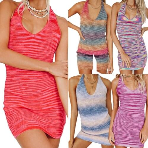 Women Close-fitting Sexy Dress Printed Pattern V-neck Sleeveless O-piece, Blue/ Multicolor/ Purple/ Coral Pink/ Rosy