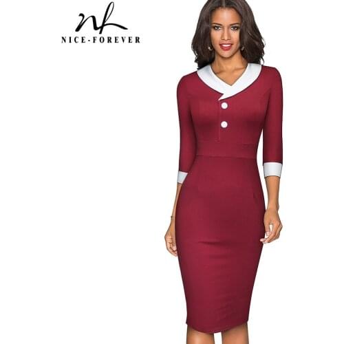 Nice-Forever Autumn Retro Contrast Color Patchwork Elegant Office Dresses Business Formal Sheath Slim Women Dress B603