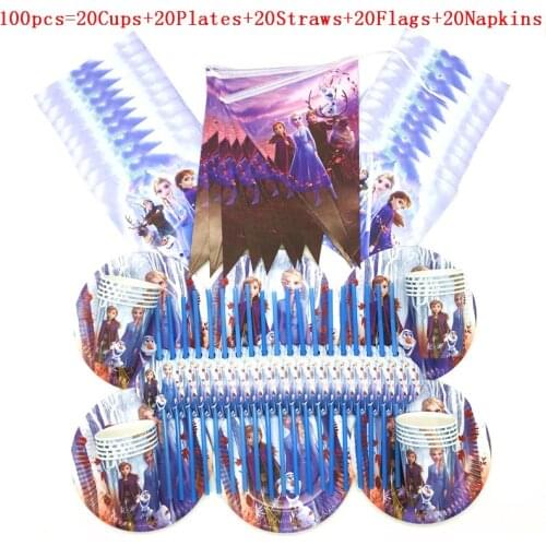 60/90/100Pcs Paper Tableware Sets Disney Frozen 2 Elsa Kids Birthday Cup Plate Napkin Event Party Banners Disposable Supplies