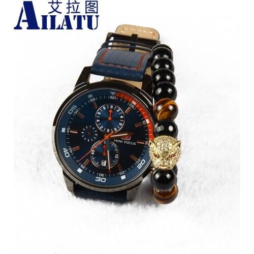 Ailatu CZ Leopard High-end Powerful Jewelry 10mm Natural Faceted Black Onyx and Tiger Eye Stone Bracelet For Men Animal Shape