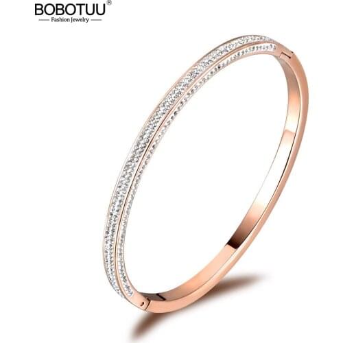 BOBOTUU Stainless Steel Rose Gold Three Sides Rhinestone Cuff Bangles Bracelets Lovers Jewelry Valentines Day Gift BB18059