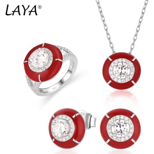 Laya Silver Necklace Earrings Ring Sets For Women Pure 925 Sterling Silver Retro Style High Quality Zircon Red Enamel Jewelry