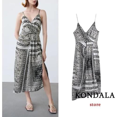 KONDALA Za 2021 Women Chic Black Geometric Print V Neck Midi Dress Side Split Loose Vintage Cami Dress Sexy Elegant Vestidos