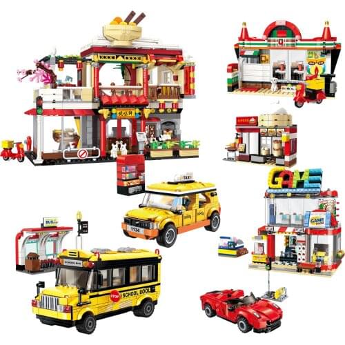City Town Building Block Colorful World Game Room Taxi School Bus Breakfast shop Educational Bricks Toy