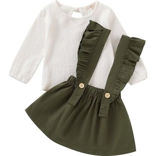 New Girl’s 2 Piece Suit Fashion Solid Color Long Sleeve Top Button Suspender Skirt Clothes Set