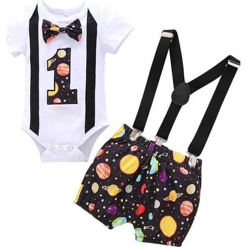 New Born Baby Clothing One Year Gentleman 1st First Birthday Costume Baby Boy Bow Tie Romper Suspenders Straps Shorts Outfits