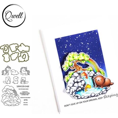 QWELL Lovely Otter Unicorn Outline Cutting Dies and Clear Stamps Rainbow Waterfall Rockery for DIY Craft Paper Cards 2021 New