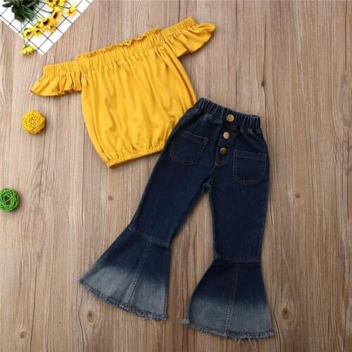 Fashion Toddler Kids Baby Girls Summer Clothes Party Sets Off Shoulder Tops T-Shirt Flared Pants 2Pcs Girl Clothing Outfits 3-7Y