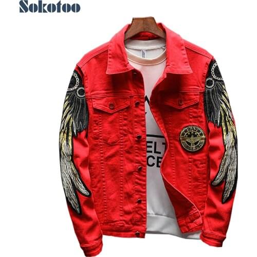 Sokotoo Mens trendy wings embroidery jean jacket Fleece or Unlined slim denim coat Black Red