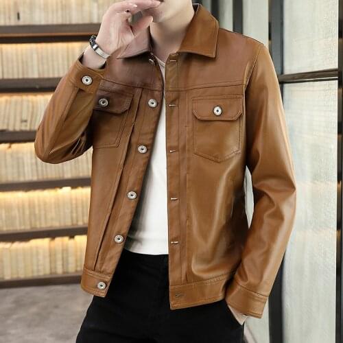 2021 mens autumn new fashion double chest pocket leather jacket youth lapel single-breasted motorcycle leather jacket