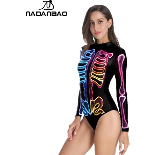 NADANBAO Summer Long Sleeve One Piece Swimming Wear 2021 New Skeleton Anime Print Beachwear Bathing Suits Women Sexy Swimsuits