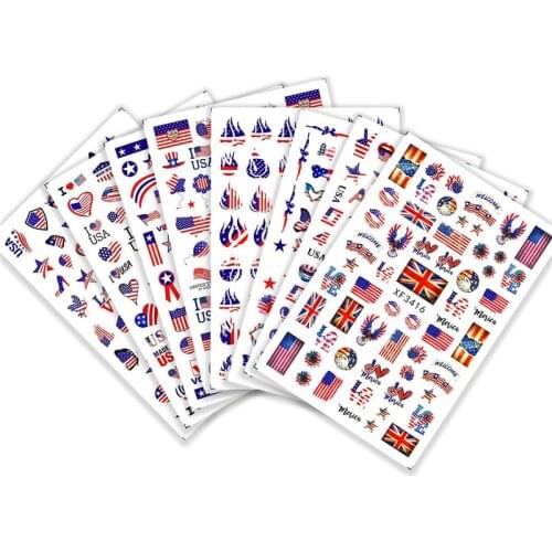 8pcs/set Fashion New Arrive American Flag Nail Stickers Sets American Independence Day National Day Flag Elements Nail Decals