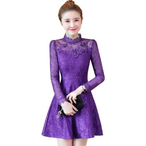 New Autumn Women Long Sleeve Lace Dresses Hollow Out Stand Collar Slim A-line Dress Sexy Club Dress Winter Bottomings Mini WZ469