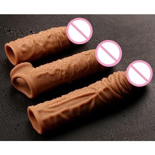 Realistic Dildo Condoms Male Cock Reusable Penis Pumps Enlargers Extender Dildo Enhancer Enlargement Condom Sex Toys For Men