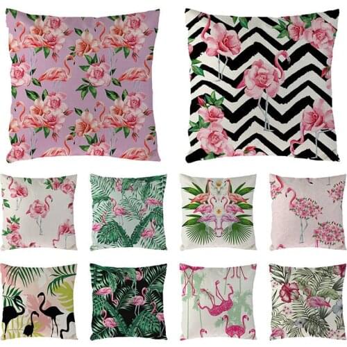 Pink Flamingo Cushion Cover Tropical Leaves Geometric Flowers Printed Gifts Throw Pillow Case Linen Cotton Home Decor Yoga 1643