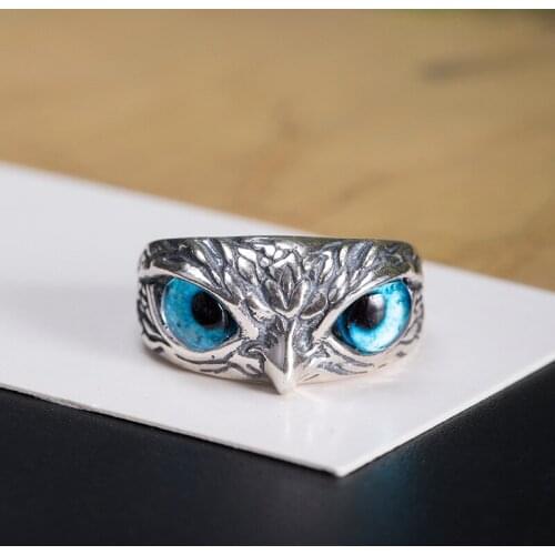 S925 sterling silver new product retro blue eye owl ring female Thai silver exaggerated design bird Wedding Rings Jewelry Gifts