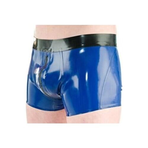 Sexy Blue 100% Natrual Latex Panties Rubber Men Box Shorts With Front Crotch Zipper