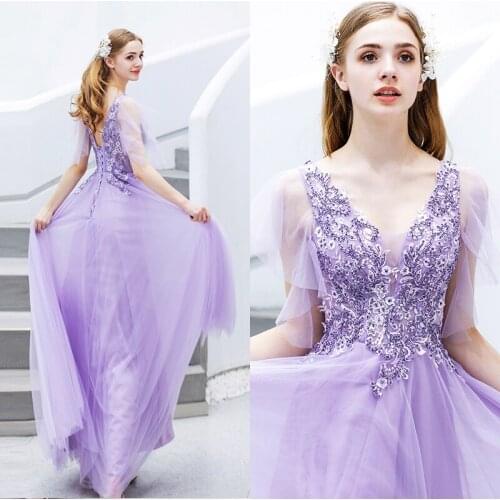 Light Purple Prom Dresses For Girles 2019 V Neck Sheer Sleeve Appliques robe de soiree Appliques Formal Party Tulle Evening Gown