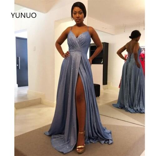 YUNUO V-neck Sparkly Prom Dresses платье Side Split Evening Dress Spaghetti Straps A Line vestidos Party Gowns Lace Up Back