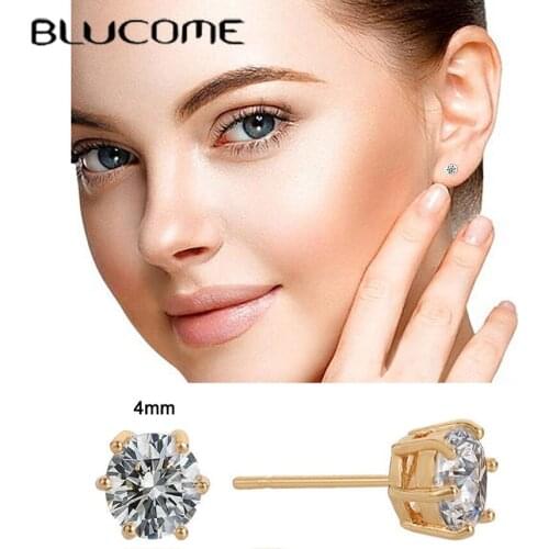 Blucome Small Simulated Stud Earrings For Women Gold-color Princess Six prongs Micro Pave Zircon Shiny Copper Earring