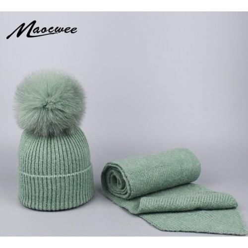Women Scarf Hat Set for Knitting real fox fur ball Cap Pompoms Ball Autumn And Winter Warm Girl Skullies Beanies High Quality