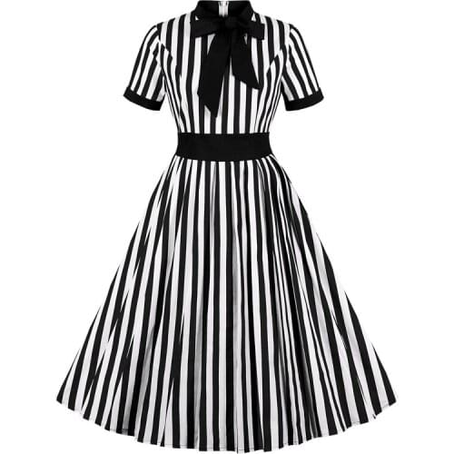 Striped Vintage Women Summer Dress 2020 Robe Femme 50s 60s Pin Up Party Rockabilly Dress Bow Tie Neck Swing Office Lady Clothing