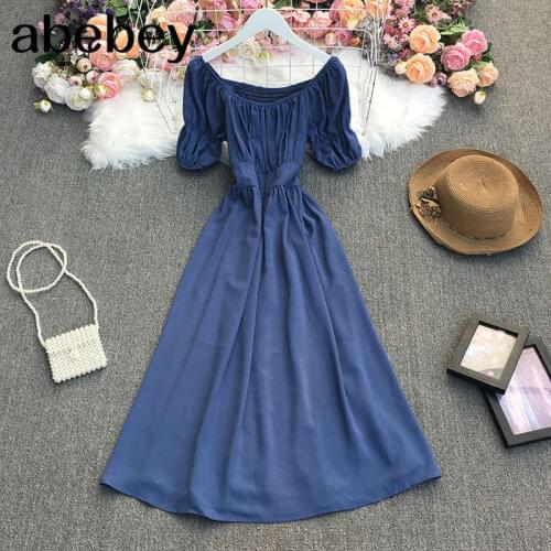 2021 New Summer Women French simple O-neck ruched puff sleeve Dress high waist pleated solid mid-length Dress