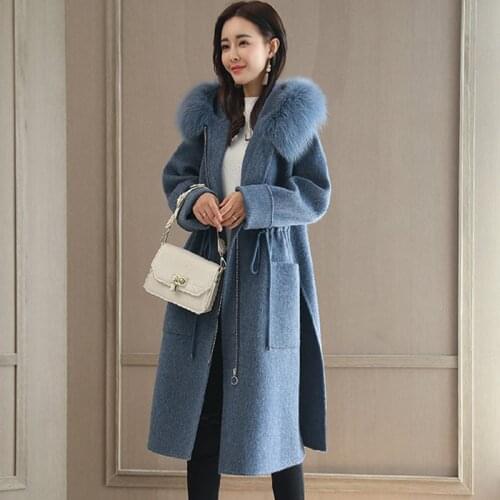Wool Coat Women Long Overcoat Winter 2019 New Fashion Fur Collar Hooded Jacket Thick Adjustable waist Loose Outerwear Female
